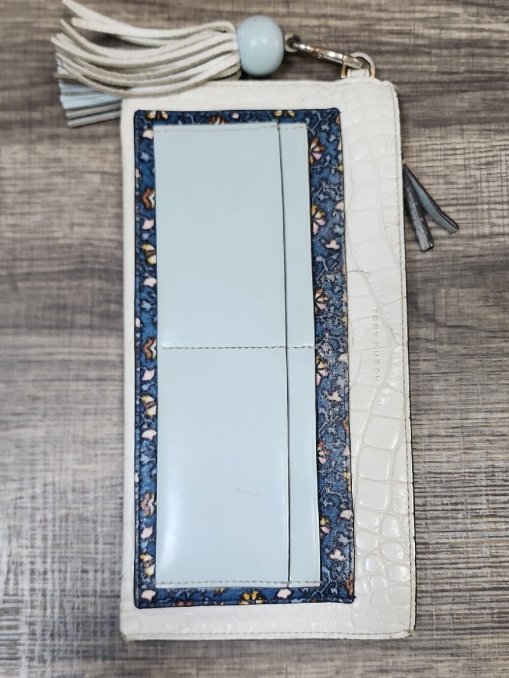 Tory Burch White Croc-Embossed Wallet with Navy Floral Trim